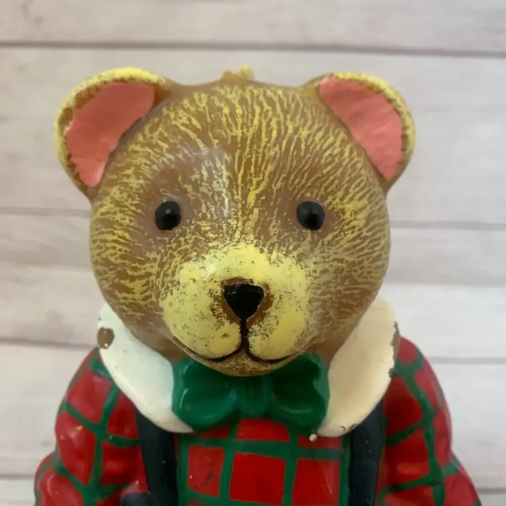 Vintage Teddy Bear Candles Set of 2 Bears with Bow Tie Plaid Shirt Overalls